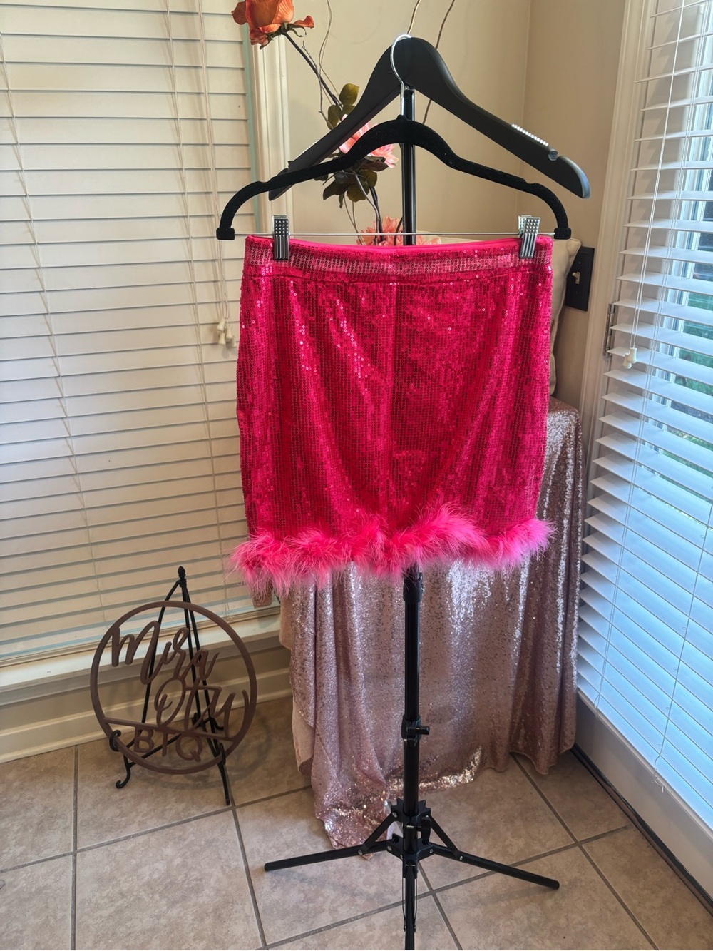 Hot Pink Sequin Mini Skirt with Feather Hem
